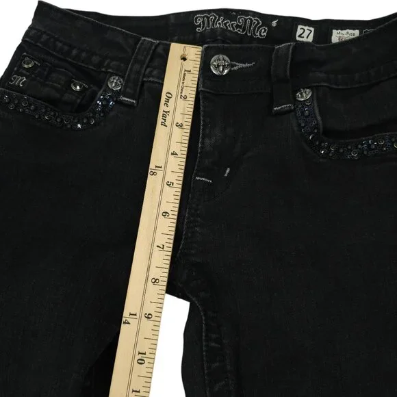 Miss Me Jeans Mid Rise Skinny Black Size 27 Stretch Studs Rhinestones Sequins - Picture 8 of 16